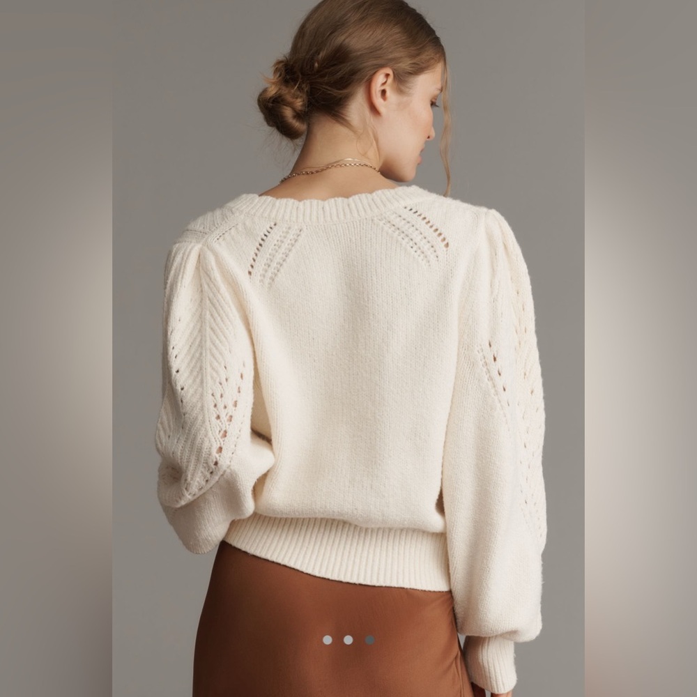 By Anthropologie Pointelle Scalloped Cardigan Sweater in Ivory - Picture 2 of 5